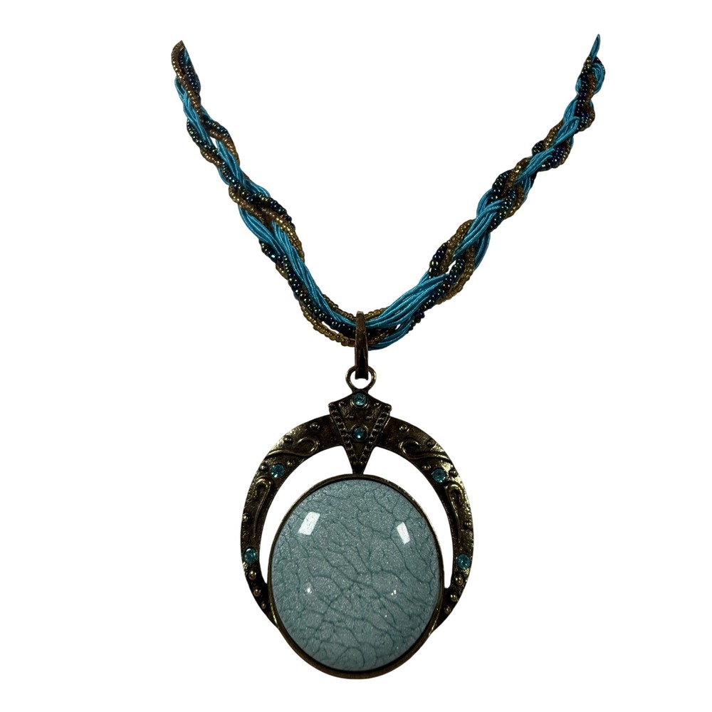 Artisan Blue Crackle Pendant Necklace Antiqued Bronze Multi Strand Braided Cord